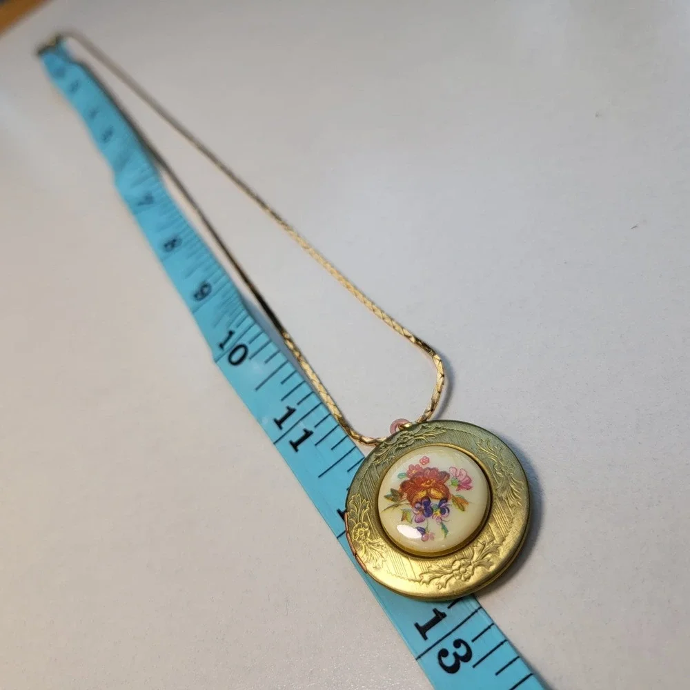 Vintage Glass Floral Locket Necklace Gold Tone Brass Round Etched Romantic